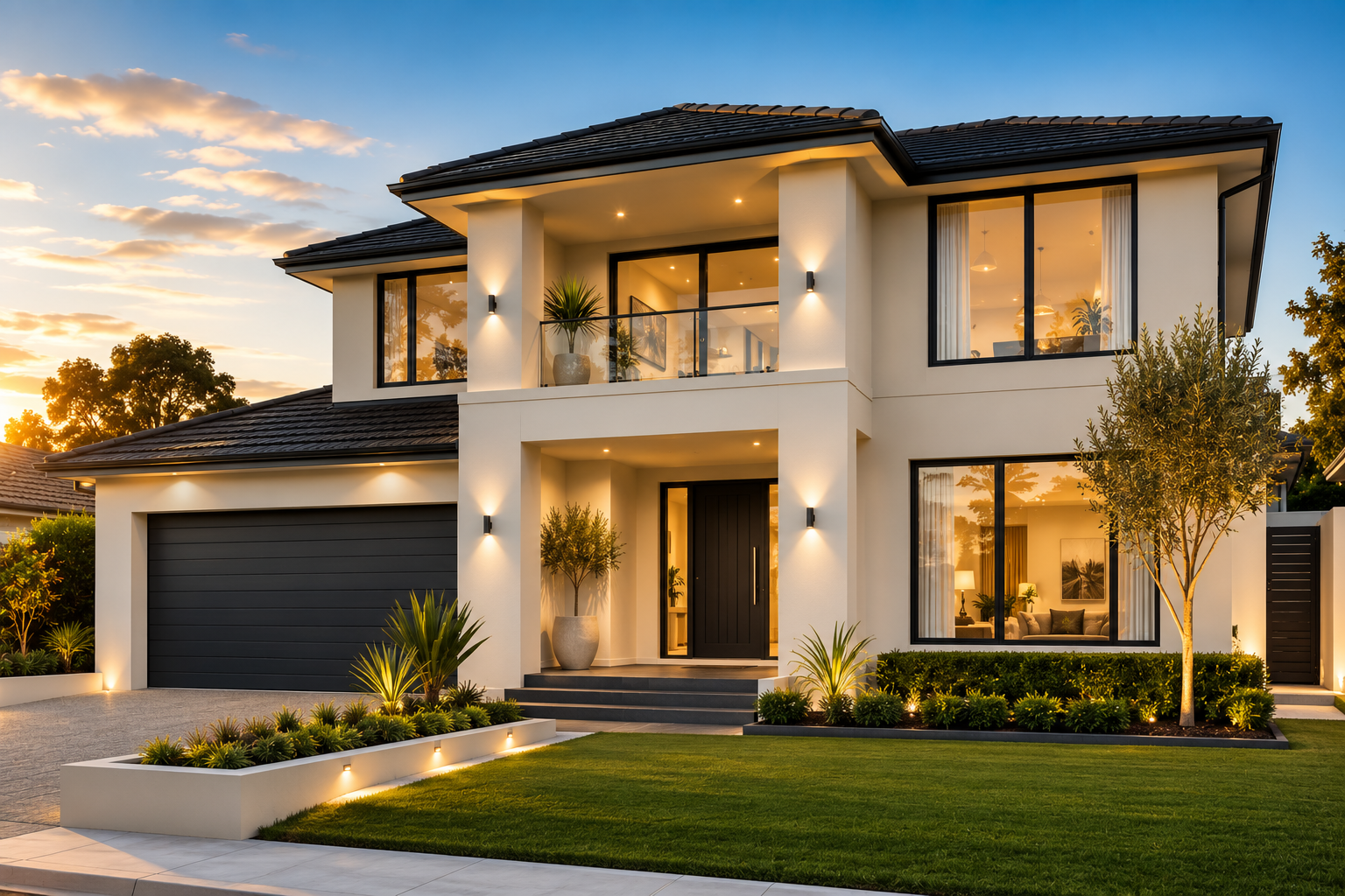 Freshly rendered home with restored roof at golden hour